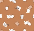 Hand drawn seamless pattern with milk drops and glasses. Light modern print for fabric, wrap paper or wallpaper. Coffee with milk